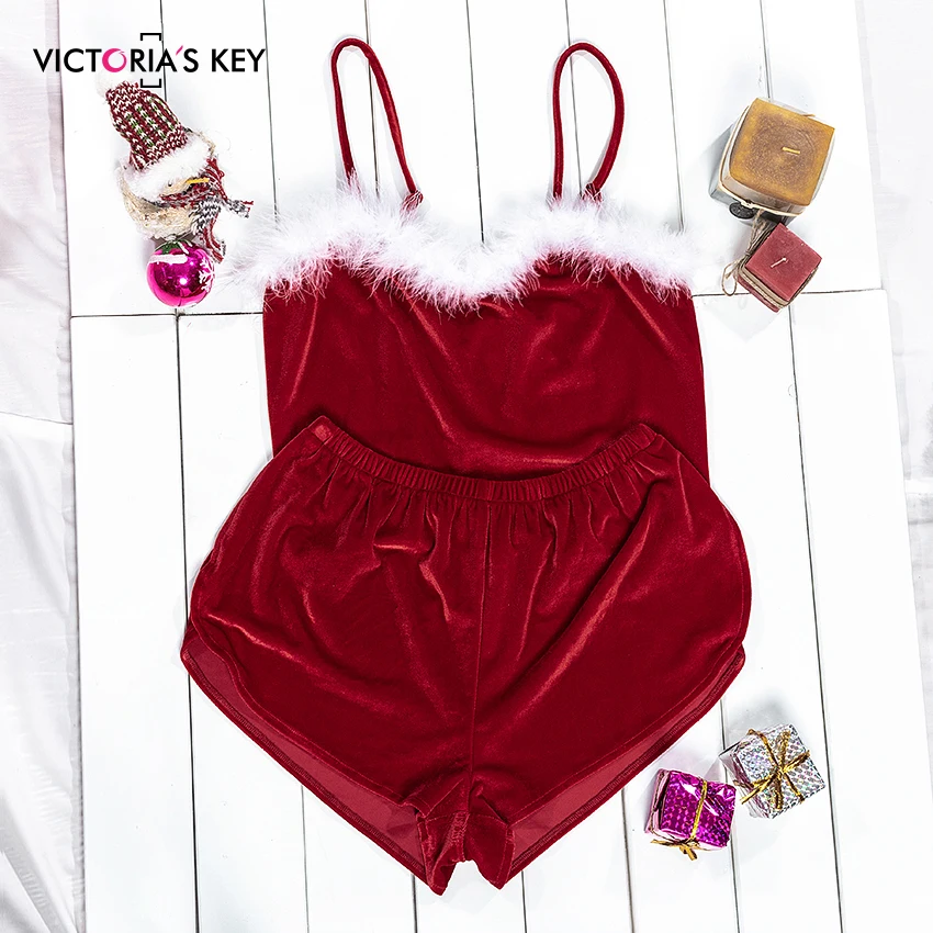 Сексапильный красный пижамный комплект с перьями от Виктории, женская пижама, 2 предмета, укороченный топ и шорты, бархатная Пижама, рождественские ночные костюмы для женщин