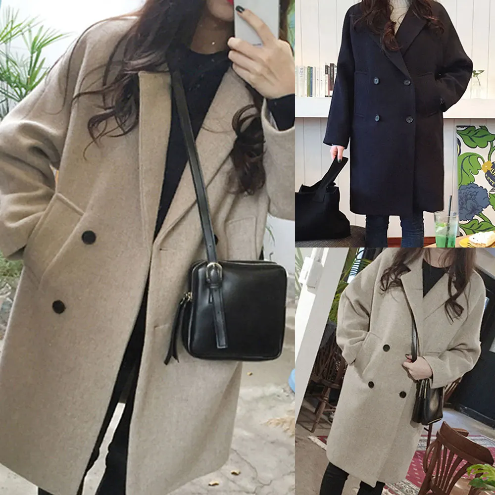 OEAK Новое тонкое шерстяное пальто женская верхняя одежда с длинными рукавами и отложным воротником Повседневная осенне-зимняя модная верхняя одежда