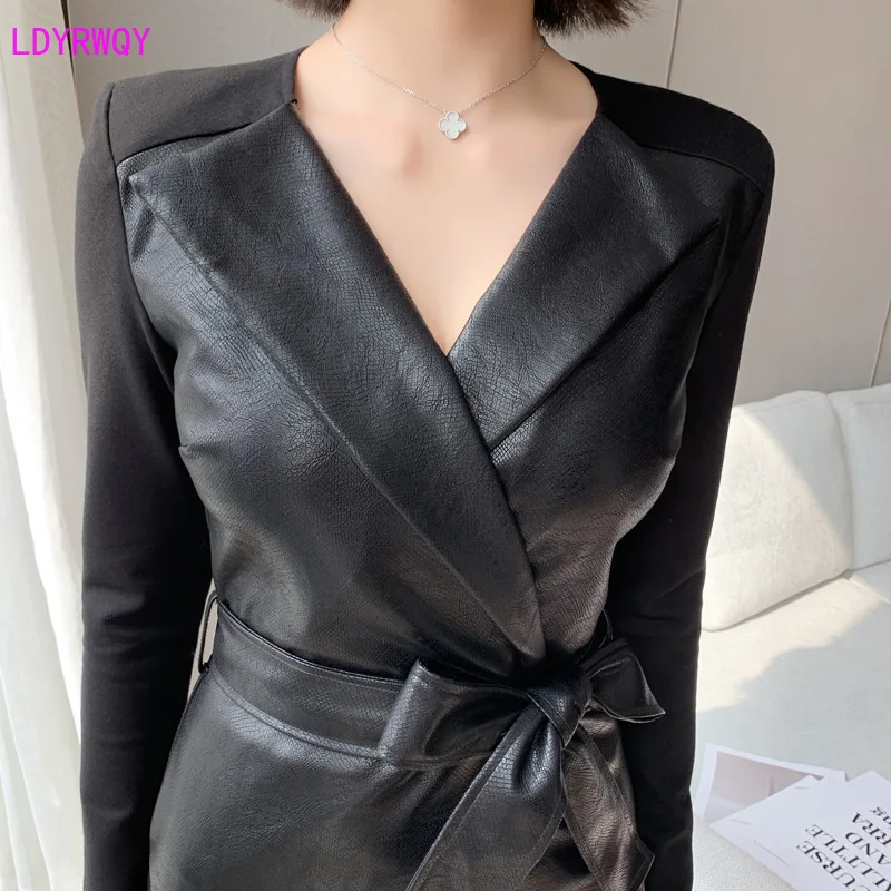 autumn and winter new Korean fashion women's sexy V-neck stitching PU leather long-sleeved lace waist slimming split dress