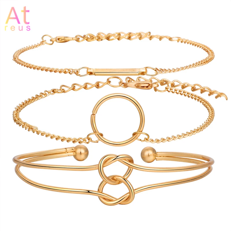

Gold Color 3pcs Bangle Bracelet Set Chic Women Balance Beam Circle Charm Link Chain Bracelet Circle Knot Cuff Bracelets