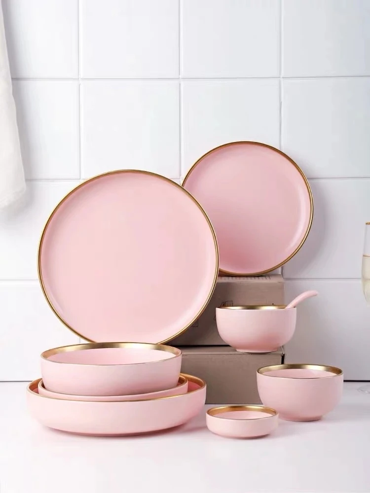 ゴールドのセラミックとピンクのステーキプレート 北欧スタイルの食器 ボウル ディナー 磁器 高級食器セット 皿 プレート Aliexpress