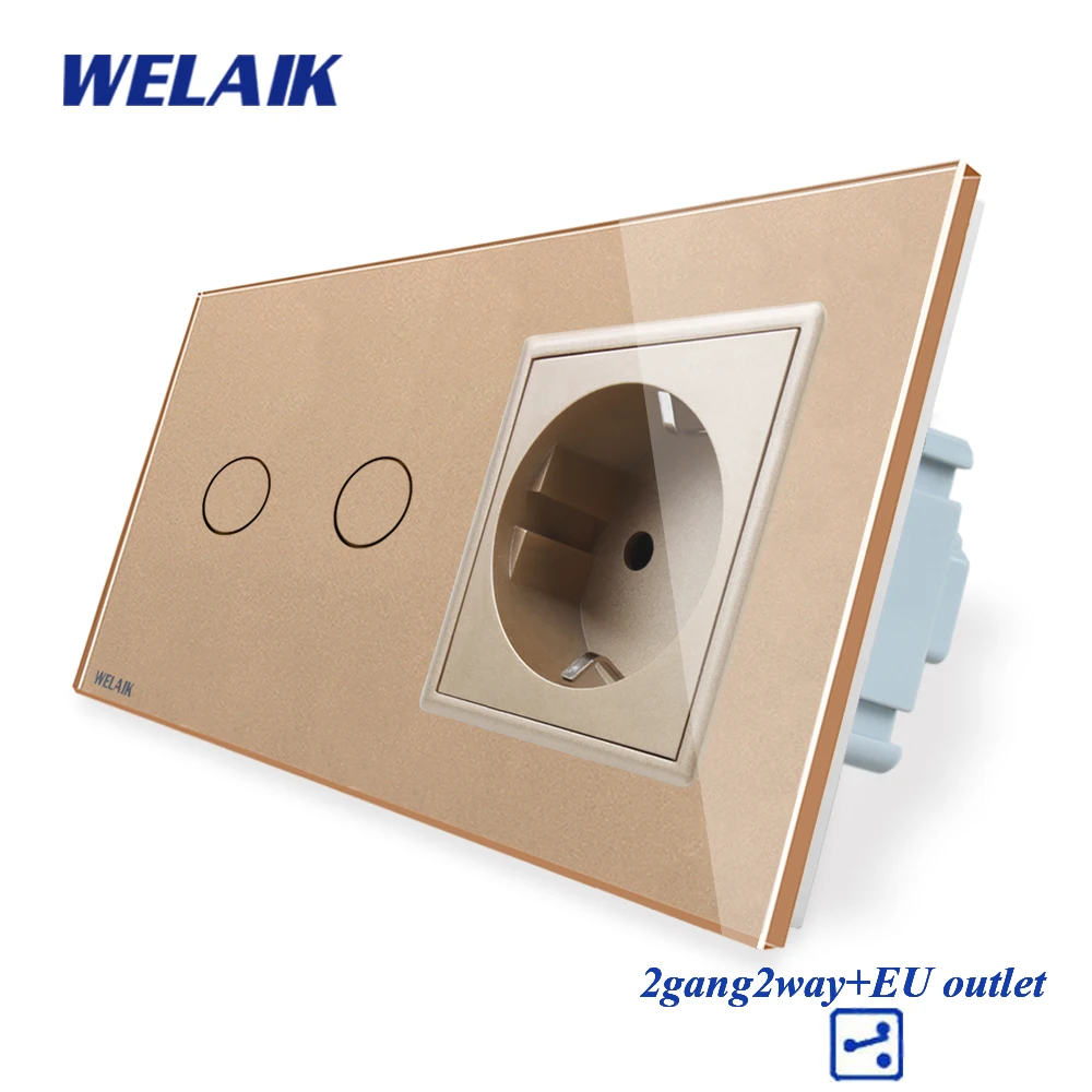 WELAIK 2frame-панель из кристаллического стекла-настенный выключатель-ЕС сенсорный экран-ЕС настенная розетка 2ганг-2way AC250V A29228ECW/B