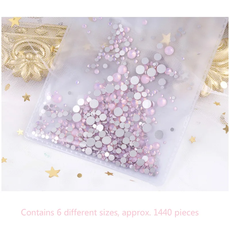 Nail Ornaments Bagged Mixed Water Diamond Mine Gold Mine Silver Transparent Flat Drill Ab Nail Paste Drill 1440pcs - Цвет: Proteins pink