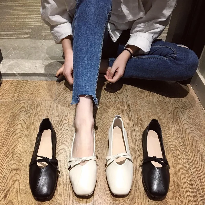 

2019 spring and autumn new fashion square head single shoes women's shoes wild trend low to help flat soft bottom casual shoes