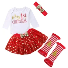 My 1st/Рождественские наряды для новорожденных девочек комбинезон с длинными рукавами+ юбка-пачка в горошек+ повязка на голову+ гетры, комплект одежды из 4 предметов, D20