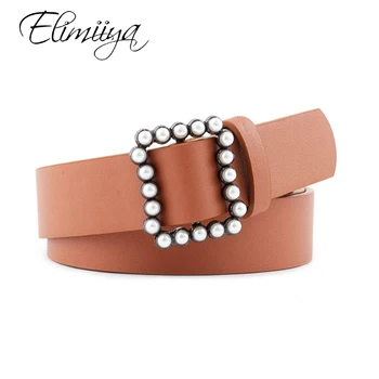 

Elimiiya Luxury Pearl Belt Square Buckle Women Female Black White Pink Belts Strap waistband For Wild Accessories ceinture