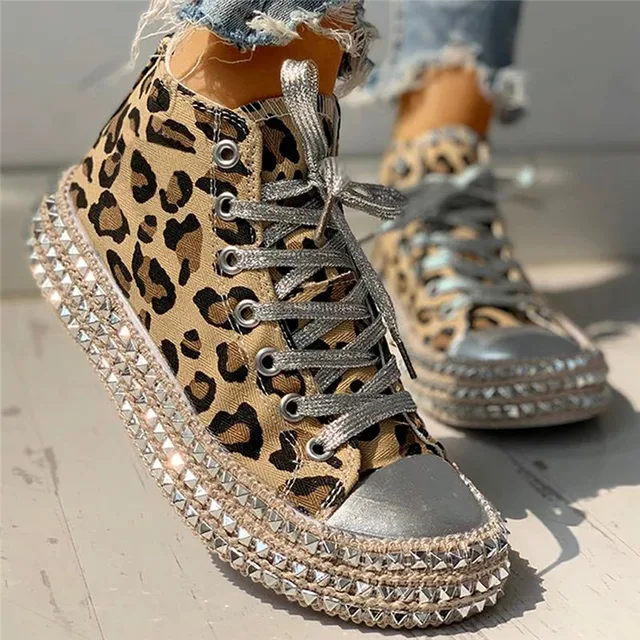 US $10.86 Sexy Leopard High Top Sneakers Women Fashion Bordered Rivet Flats Canvas Shoes Woman Autumn Platfor