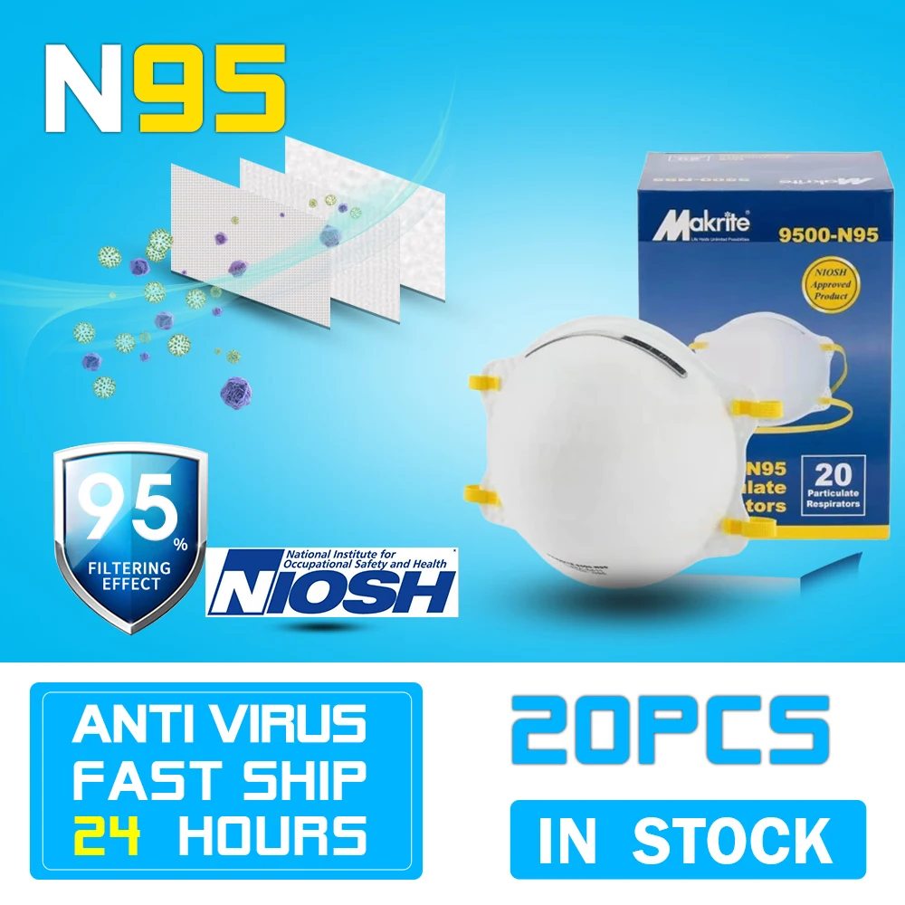 

20PCS NIOSH N95 Mask Anti-fog Dust-proof Face Mask 4-Layer 95% Filter Mouth Face Particulate Respirator As FFP2 KN95 KF94 Masks