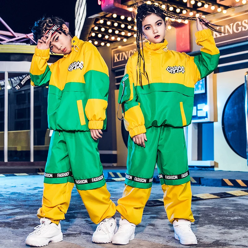 Children Street Dance Clothing New Yellow&ampGreen Loose Hip Hop Pants Handsome Girls Jazz Dress Drums HipHop Outfits BL2828 |