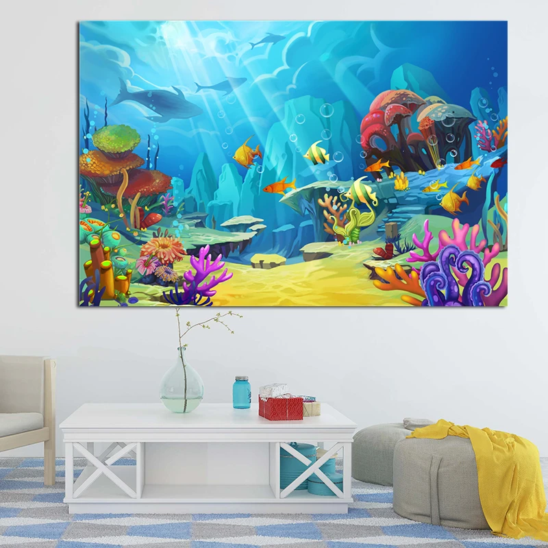 Under Sea World Coral Dolphin Fish Canvas Painting Art Abstract Prints Posters Picture Wall Art Children S Room Home Decoration Painting Calligraphy Aliexpress