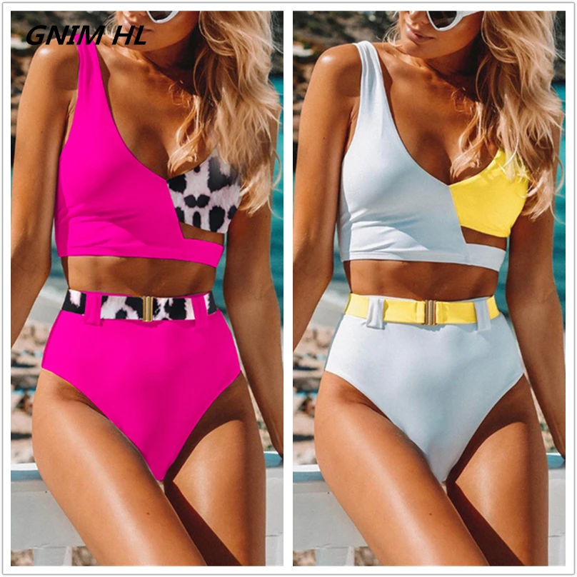 

GNIM HL 2019 Sexy Bikini Swimsuit Women Two Pieces Hight Waist Bikini Swimwear Leopard Stitching Bathing Suit Women Beachwear