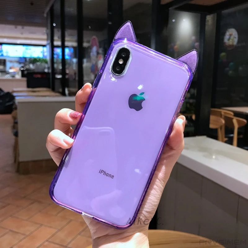 Мягкий чехол с бриллиантами для iphone X XS MAX XR 10 6 6s 7 8 Plus, милый блестящий прозрачный ТПУ силиконовый чехол с кошачьими ушками, защита от падения - Цвет: Purple