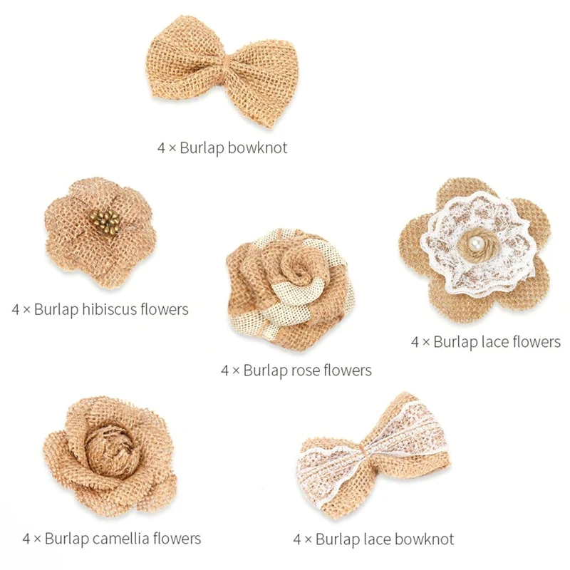 24Pcs Handmade Natural Burlap Flowers, Include Burlap Rose Flowers, Burlap Lace Flowers With Pearls, Burlap Hibiscus Flowers, Bu