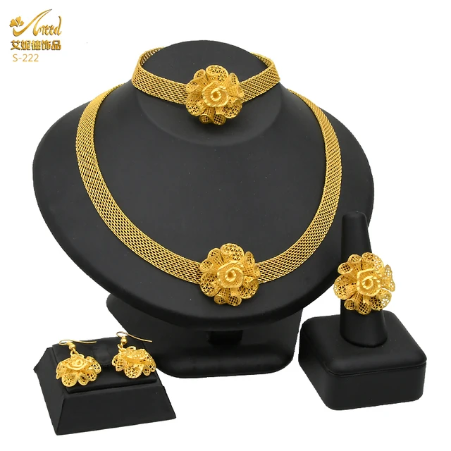 Indian Jewelry Set Wedding 24k Gold Color African Jewelry Dubai Bridal Sets Nigerian Necklace Bracelet Earring Gold Jewellery S-222-Gold