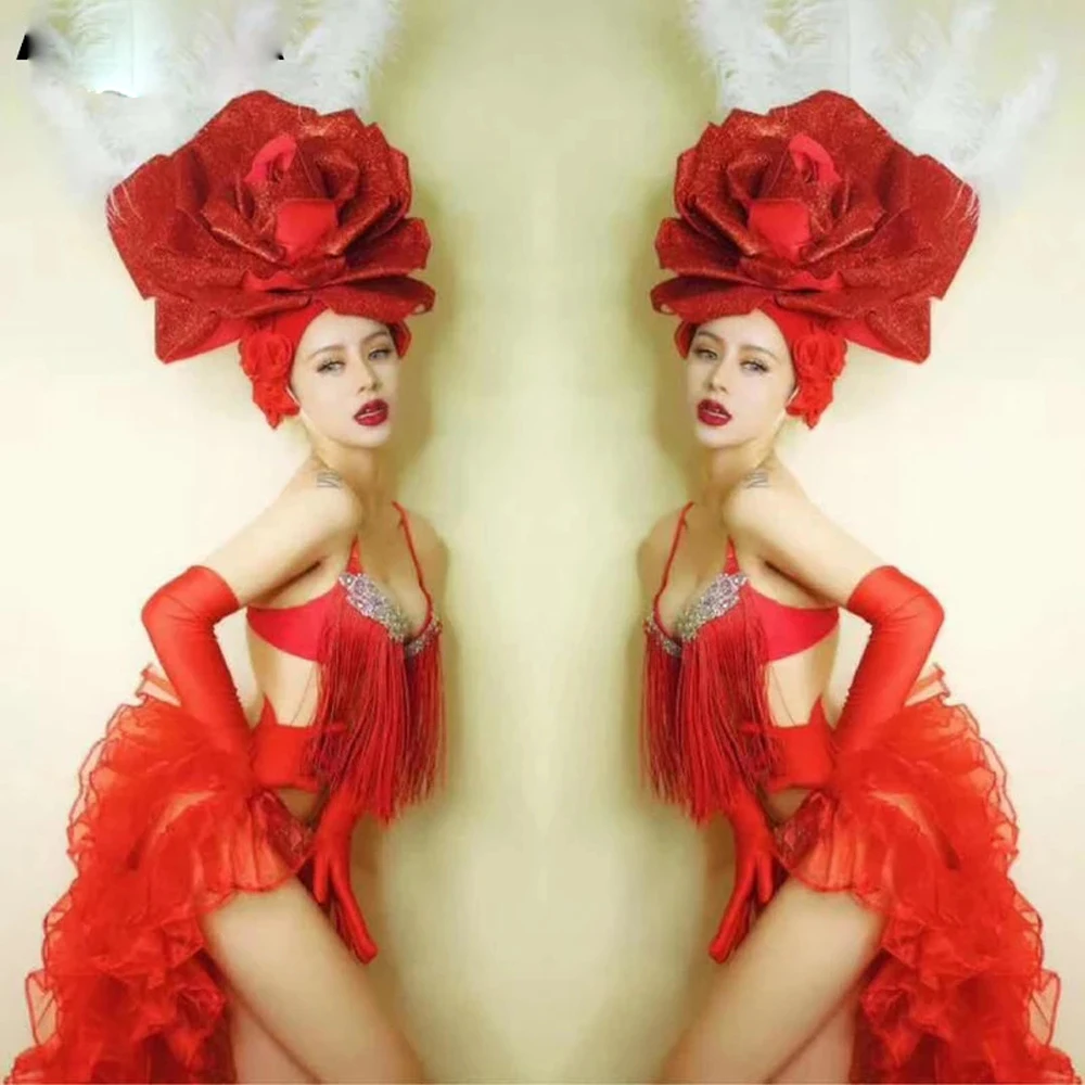 

Club Rose dancer costume Sexy Female Stage Wear Red Flower Headgear Crystal Tassel Bikini Tail Dance Outfit