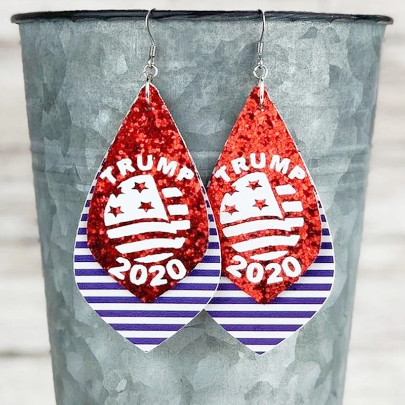 

Customize Trump 2020 Layer Leather Glitter Earrings Leaf Teardrop Earrings Color Can Choose