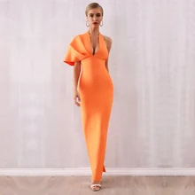 2019 Otoño e Invierno naranja largo un hombro vendaje vestido de las mujeres Sexy V profunda celebridad noche Fiesta Club Vestidos Maxi Vestidos(China)