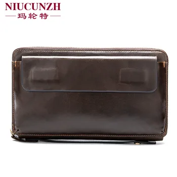

RFID Anti-theft Brush Men's First Layer Cow Leather Clutch Wrist Handbag Zipper Convenient Wallet Retro Long Multi-card Slot