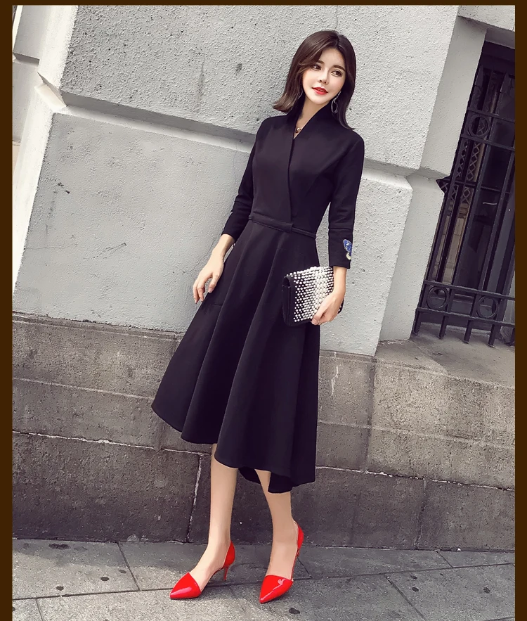 Dress Winter Korean-style New Style Fashion Long Sleeve WOMEN'S Dress V-neck Slim Fit Big Skirt
