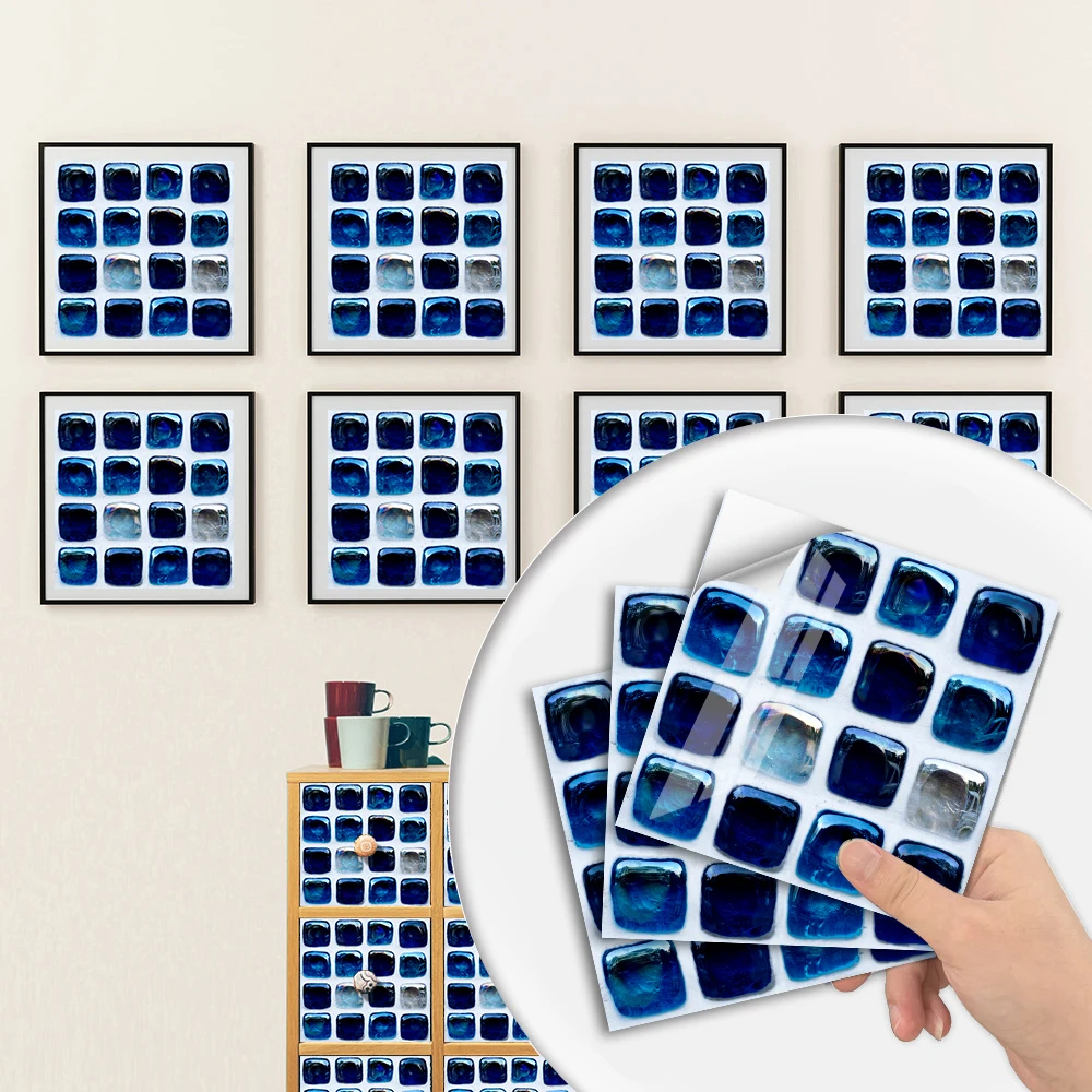 Blue Mosaic Tile Wall Stickers Transfers Covers 10pcs/set Art Decor Kitchen Table Floor Wallpaper Self-adhesive Waterpoof Mural | Дом и сад