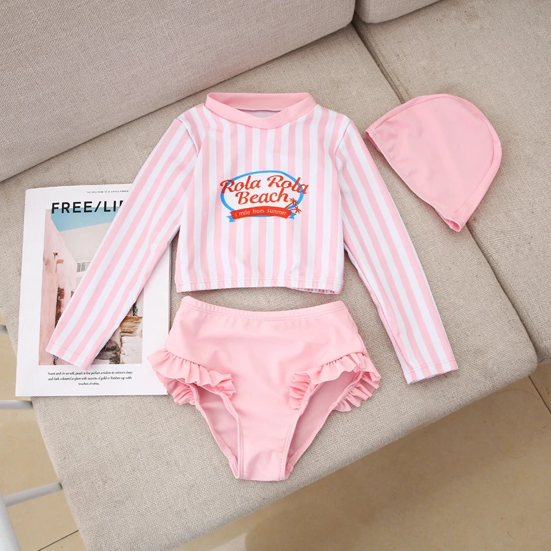 

PatPat 2020 New Summer 3-piece Baby Toddler Girl Letter Print Striped Rashguard and Ruffled Bottom with Hat Swimsuit Set