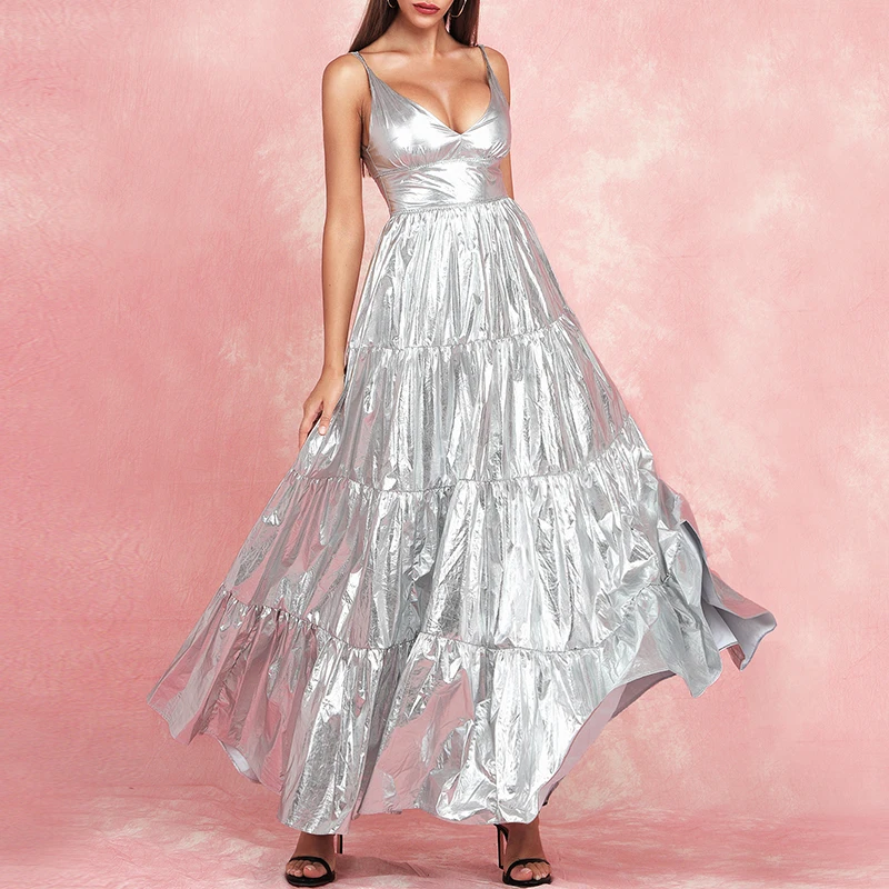 Beateen, новая мода, Vestidos, сексуальные, v-образный вырез, на тонких бретелях, женские вечерние, серебряная ткань, высокая талия, без рукавов, ТРАПЕЦИЕВИДНОЕ, макси платье