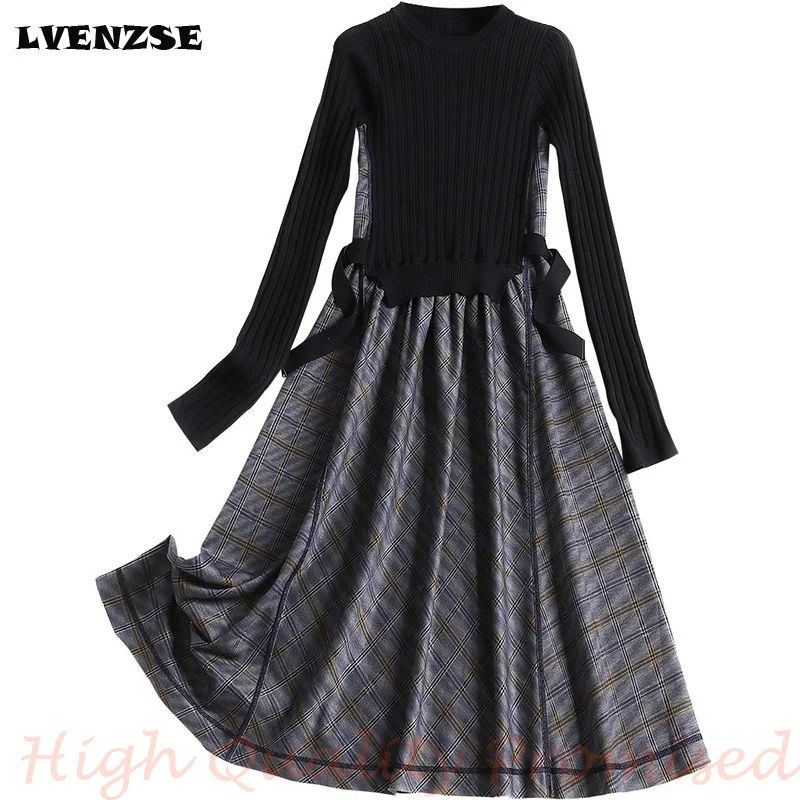 

LVENZSE Plaid Dress Autumn Long Sleeve 2019 Fashion French Retro Knitted Dress for Women Elegant Woman Evening Ceremony Clothes