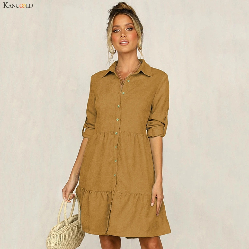 

KANCOOLD dress Women's large swing lapel single-breasted shirt dress sleeves solid color shirt fashion new dress women 2019Oct15