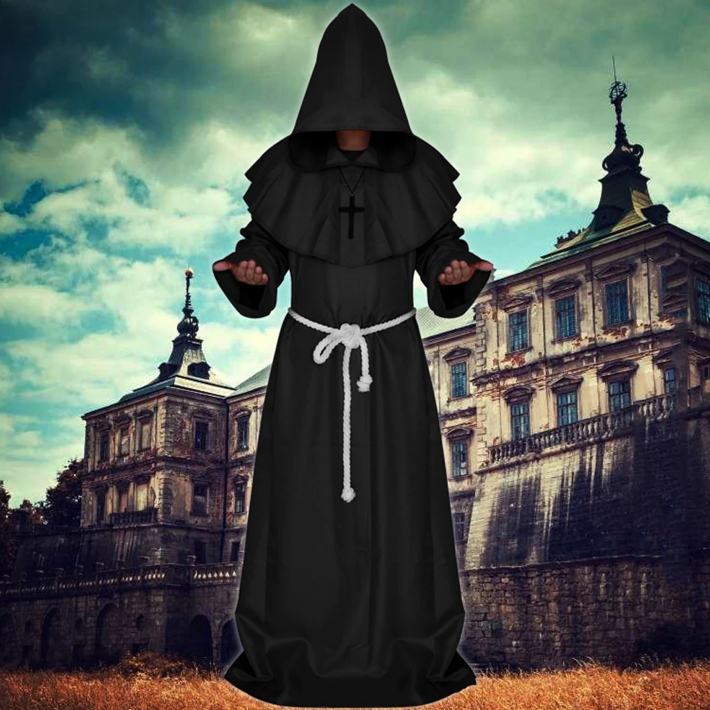 Friar Medieval Hooded Monk Priest Robe Cloak Costume Cosplay Black S