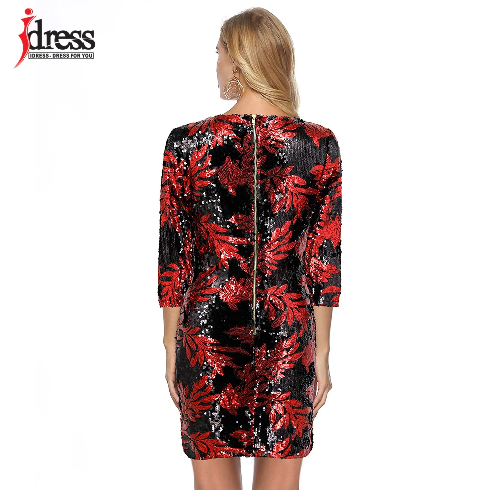 IDress/Модная одежда; ; облегающее платье до колена с длинными рукавами и круглым вырезом; вечерние Клубные платья с пайетками в стиле пэчворк с зелеными листьями