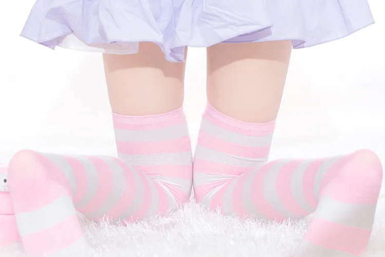 Long Stripe Adorable Anime Tight High Over Knee Pink Blue White For Women Girl Cosplay Student Kawaii Lolita Cotton Stocking
