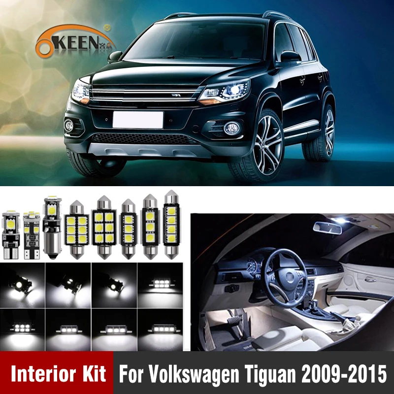 12 шт., Автомобильный светодиодный светильник Canbus s, лампа для Volkswagen Tiguan 2009-, светодиодный светильник для интерьера, комплект с картой, светильник для номерного знака, белый, без ошибок