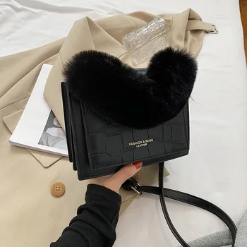 

Brand Designer Stone Pattern Handbags Women's Shoulder Bags Fashion Ladies Chain Crossbody Bag Short Plush Top-Handle Bag Female