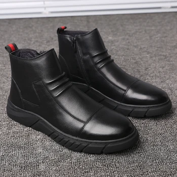 

new arrival men luxury fashion winter boots black genuine leather cotton shoes warm plush ankle snow boot chaussure homme botas