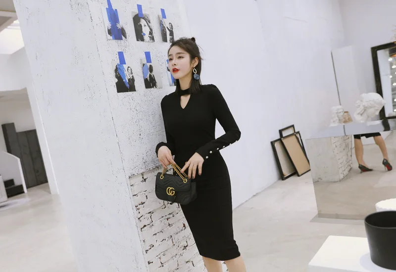 Короткое повседневное однотонное осеннее платье женское платье Longue Femme Женский корсет длинный рукав с металлическим облегающее платье с запахом
