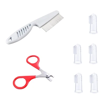 

Pet Grooming Kit Pet Nail Clippers Comb with Long Stainless Steel Teeth 5pcs Finger Toothbrush Nail Trimmers Grooming Tools