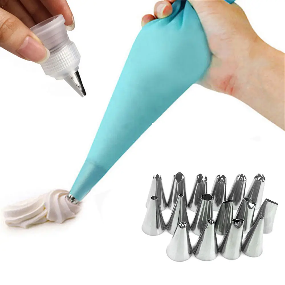 Blue(18 PCS) 18 шт./компл. силиконовый кондитерский мешок Насадки Советы DIY обледенение трубопроводов крем многоразовый кондитерский сумки+ 16 сопла набор тортов инструменты для украшения - Цвет: Blue(18 PCS)
