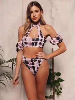 

Hihg Neck Bikini Sexy Sleeve Bathing Suit Pink Swimsuit Women High Waist Bikini Set Padded Swimwear Women 2020 Push Up