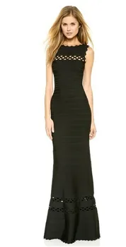 

2020 Top Quality HL Black Red Hollow Out Thick Rayon Long Bandage Dress Elegant Vintage Night Club Wear Noble Dress