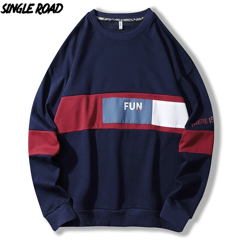 SingleRoad Oversized Crewneck Sweatshirt Men Patchwork Hip Hop Japanese Streetwear Blue Hoodie Sweatshirts Man Tracksuit Male | Мужская