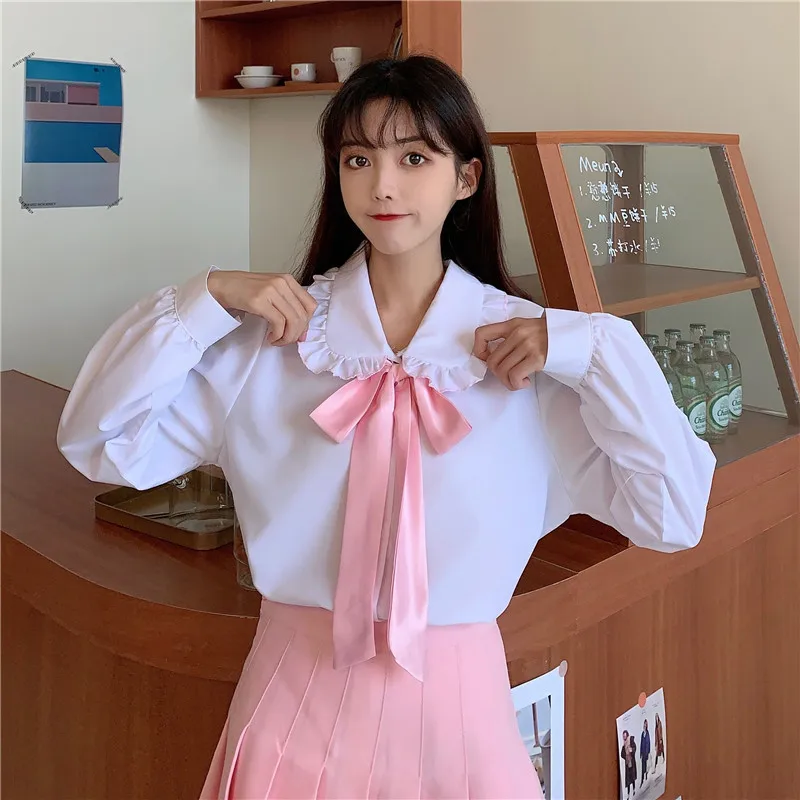 

Japan Sweet Style Spring New Blouse Cute Peter Pan Collar Kawaii Pink Bow Shirt Blusas Full Sleeve Loose White Womens Shirt