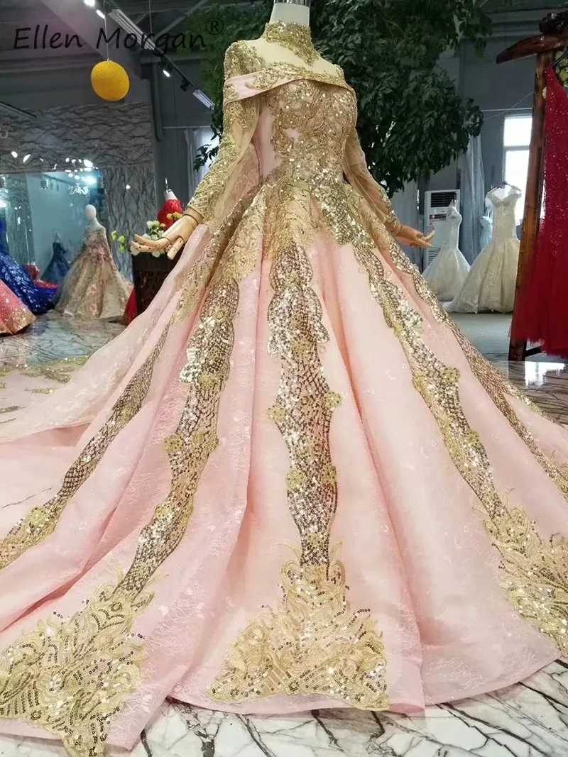Мусульманское винтажное Розовое Кружевное бальное платье, свадебные платья для Саудовской Аравии, элегантное блестящее Золотое Платье с длинными рукавами и высоким воротником с шалью