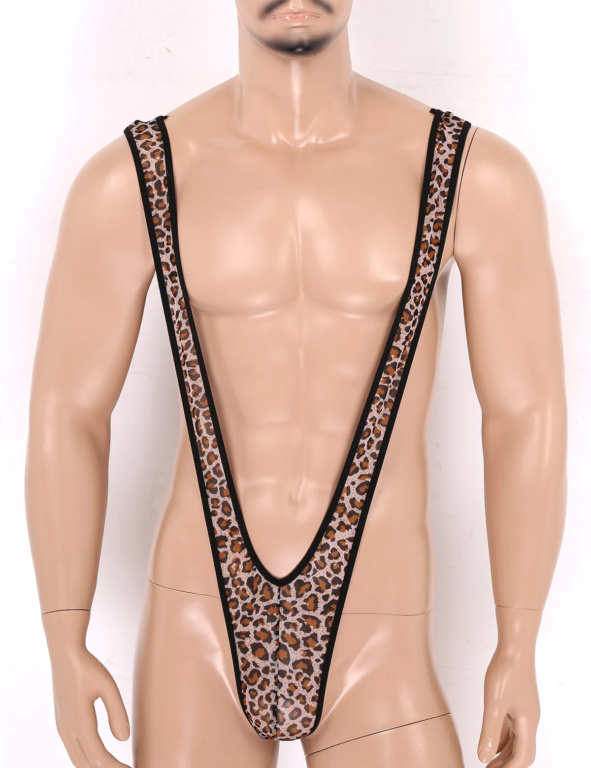 ChicTry Male Mens Leopard Print One-piece Stretch Deep V-shaped Mankini Thong Underwear Lingerie Suspender Bodysuit Swimsuits