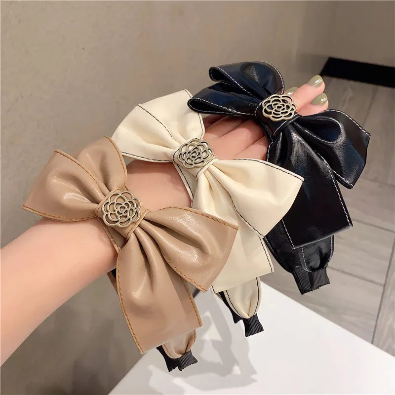 Fashion PU Leather Headband For Women Rose Flower Bow Knotted Hair Hoop Bands Female Hairband Boutique Headdress Accessorie |
