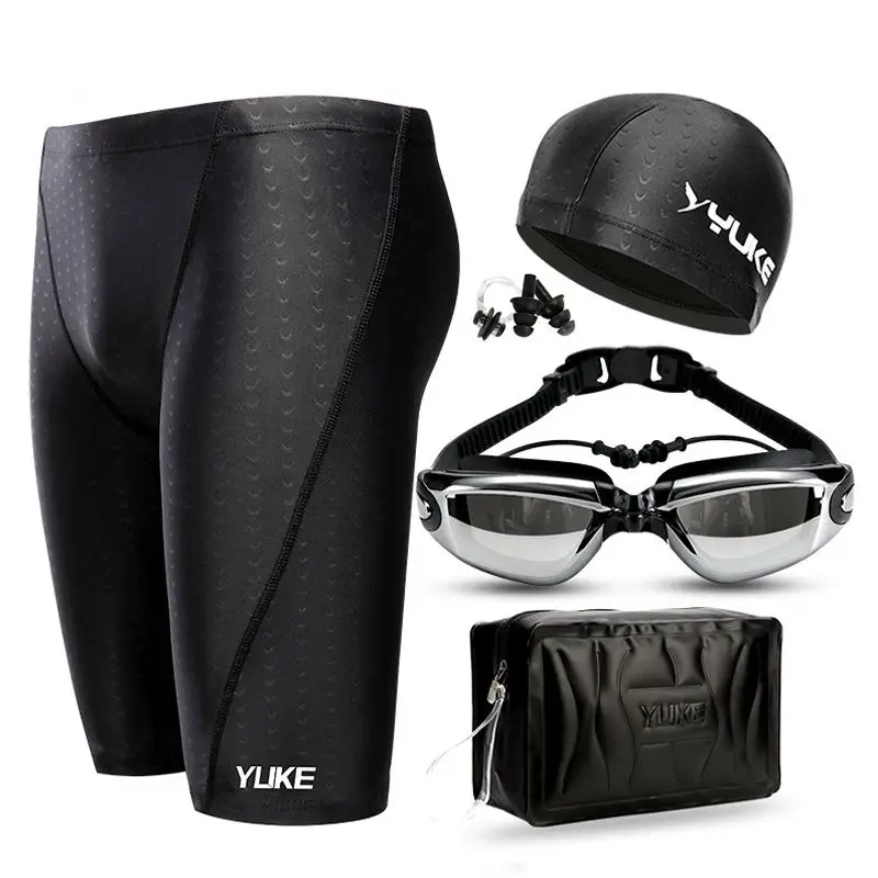 New Men Swimming Set Long Mens Swim Trunks Shark Swimwear Swimming Shorts Glasses Cap Carry Bag Suit Bathing Beach Swimsuit