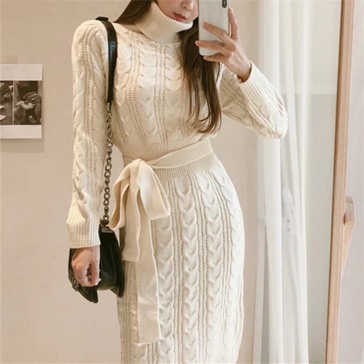 H4dc65cec16154a63a63f4cecb7b5e84ez - Winter Turtleneck Long Sleeves Twist Knitted Midi Dress with Belt