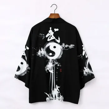 

#3654 Chinese Style Black Kimono Jacket Men Cardigan Beach Coat Thin Loose V Neck Kimono Male Hawaiian Summer Kimono Outerwear