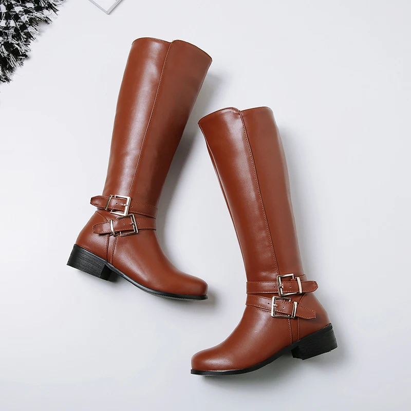 Smirnova hot sale big size 47 winter riding boots women round toe buckle zip low heels casual shoes women knee high boots