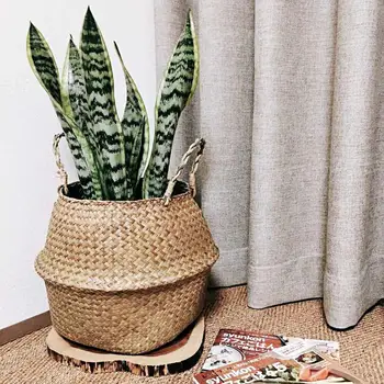 

Seagrass Straw Folding Flower Pot Storage Basket Portable Dirty Laundry Hamper Storage Basket Living Room Gardening Decoration