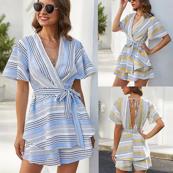 

Sexy short Sleeve jumpsuit women short rompers 2020 summer women striped shorts beach ruffles bodysuit coveralls female frock